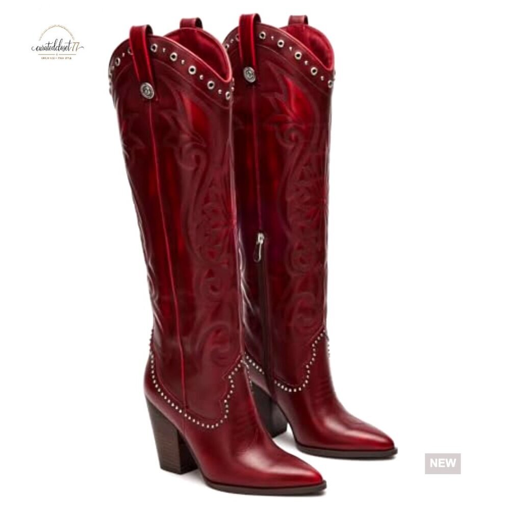 Knee High Cowboy Boots Pointed Toe Chunky Heel Pull-on Embroidered Western Wide - Picture 4 of 7